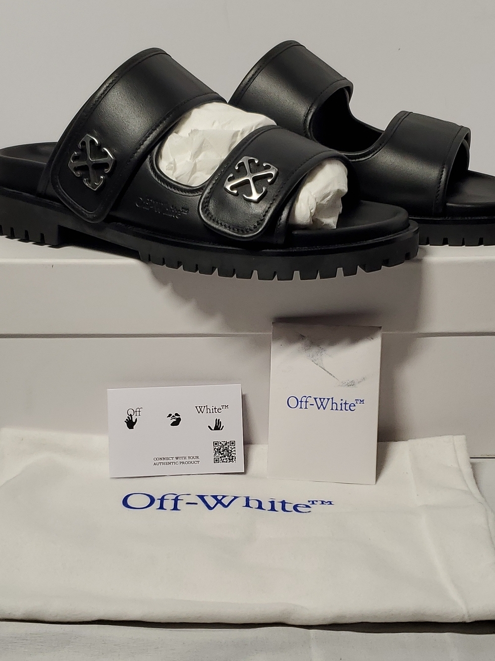 Off-White Black Leather Double Strap Slide Sandals